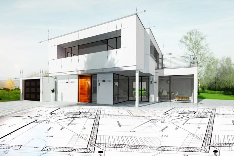 Modern white two-story house with large windows and a wooden front door, overlaid with architectural blueprints in the foreground, surrounded by greenery and trees under a clear sky—showcasing premium Building Services Sydney.